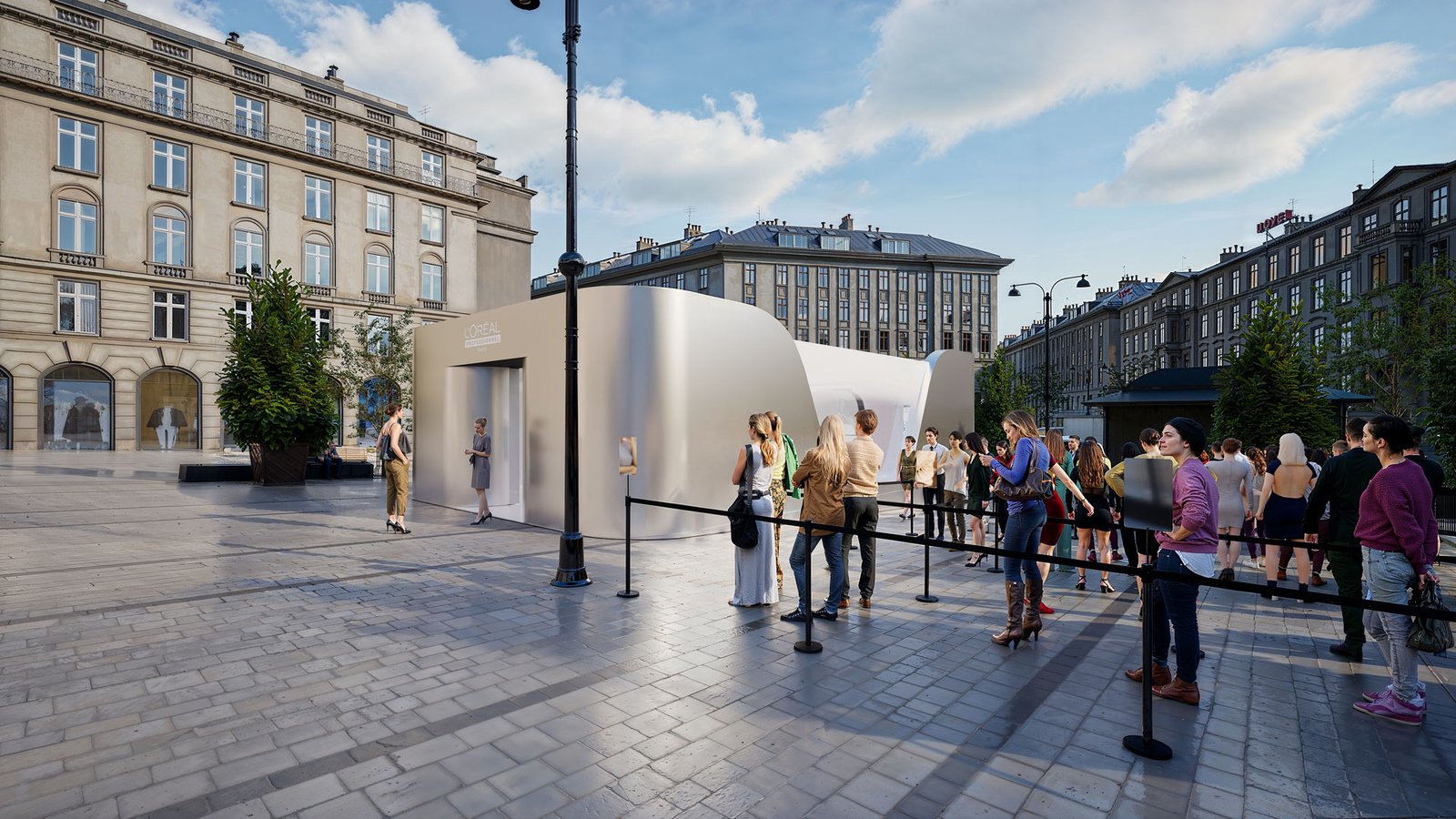 L'Oréal pop-up Saint-Lazare – rendu 3D photoréaliste, ambiance de midi (vue 5)