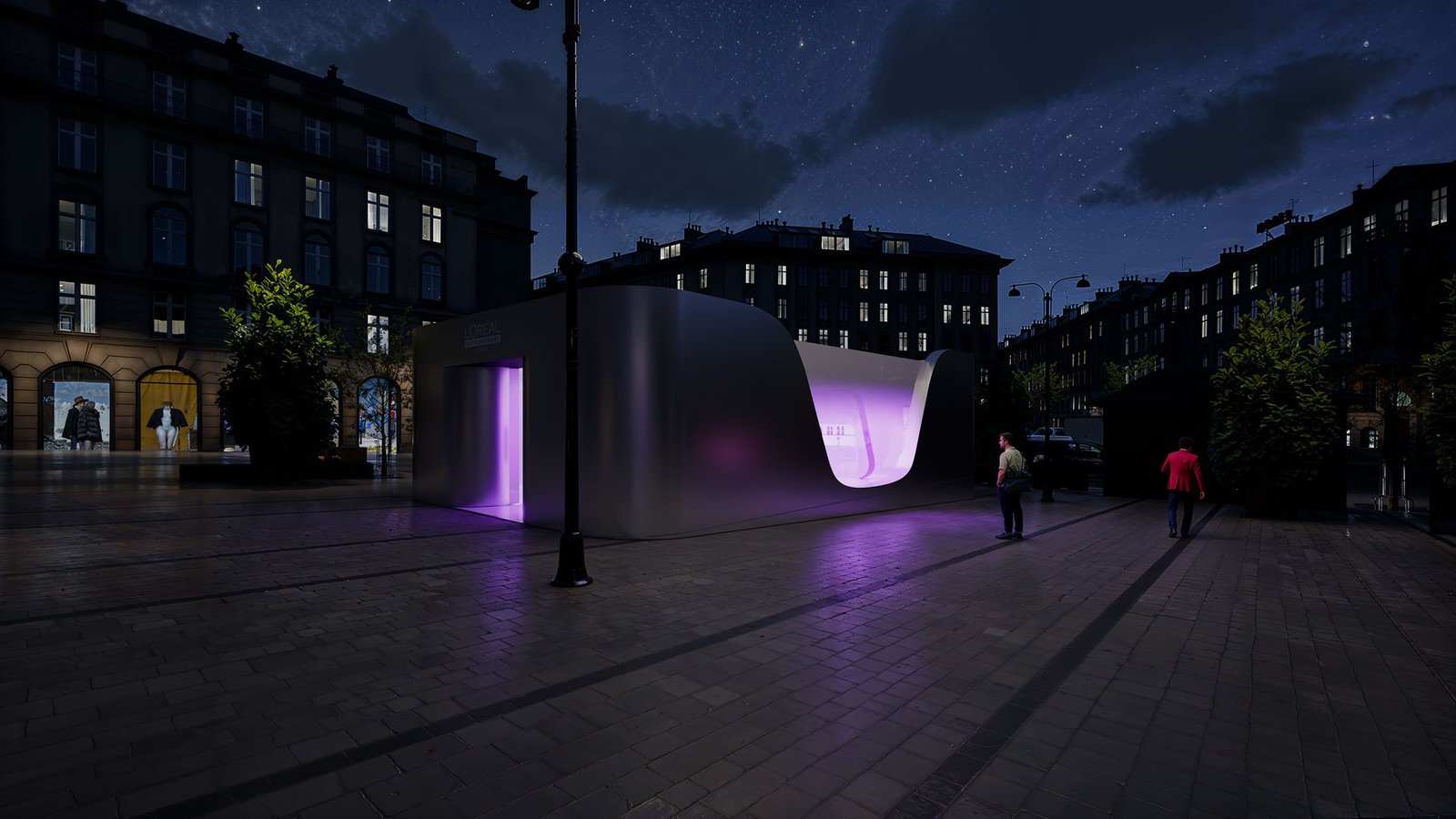 L'Oréal pop-up Saint-Lazare – rendu 3D photoréaliste, ambiance de nuit (vue 6)