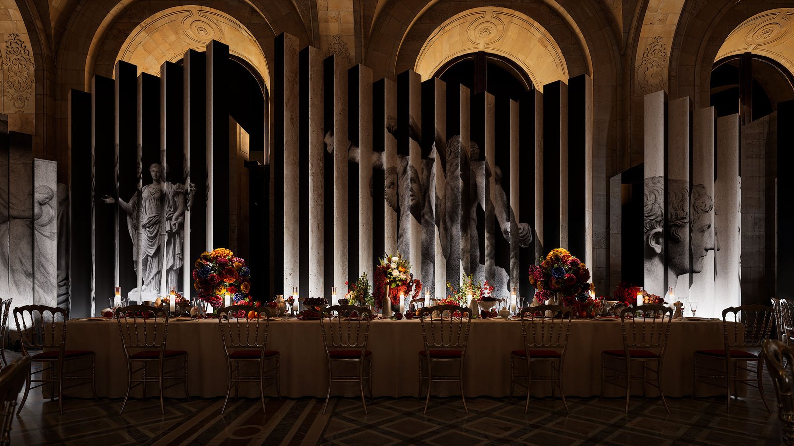 Grand Dîner du Louvre – rendu 3D photoréaliste, mise en scène du dîner (vue 1)