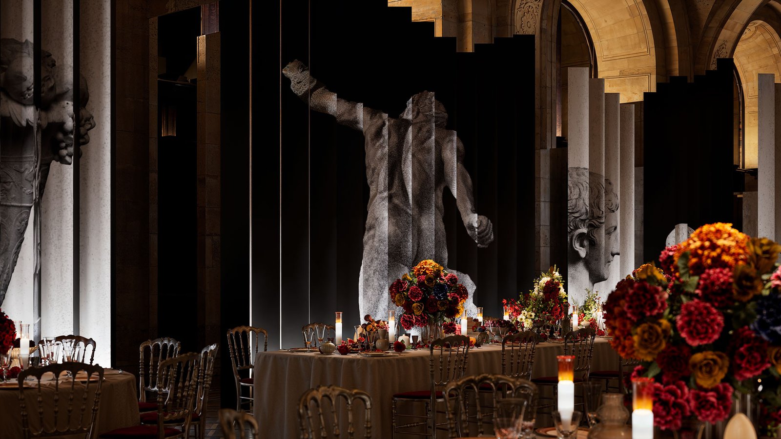 Grand Dîner du Louvre – rendu 3D photoréaliste, mise en scène du dîner (vue 3)