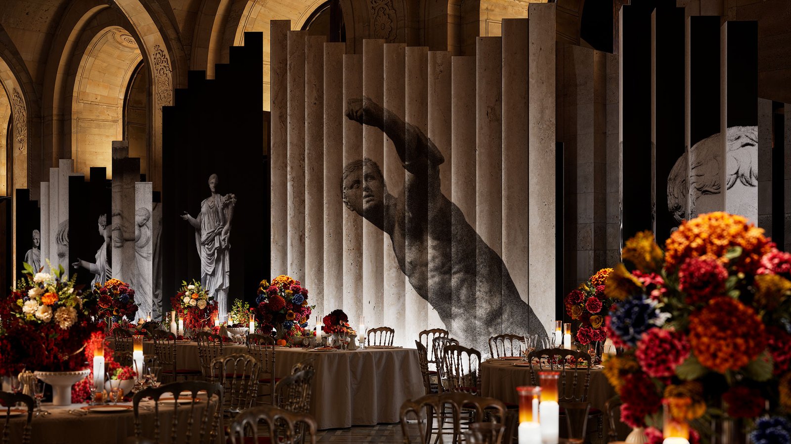 Grand Dîner du Louvre – rendu 3D photoréaliste, mise en scène du dîner (vue 4)