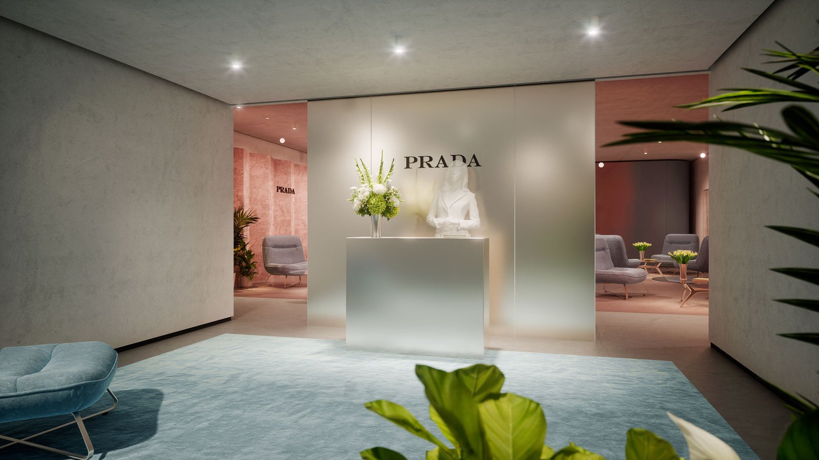 Prada Fine Jewelry – rendu 3D photoréaliste, espace d'accueil (vue 1)